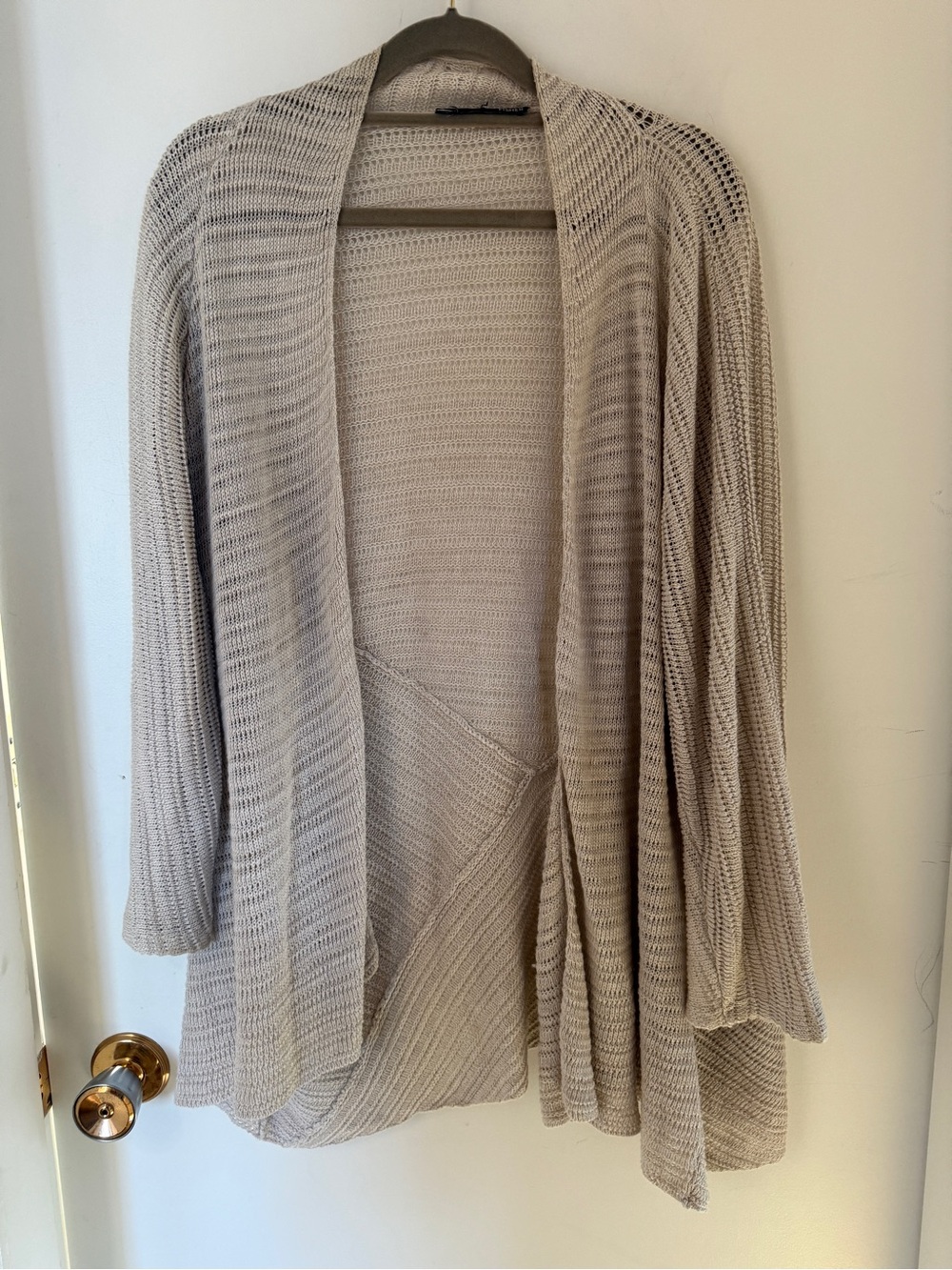 Eileen Fisher 100% Linen Open Knit Cardigan Beige Lagenlook Duster L XL